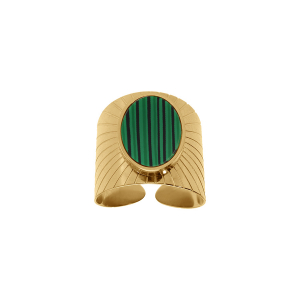 BAGUE ACIER DORÉ PLATEAU OVAL MALACHITE IMITATION OUVERTE RÉGLABLE