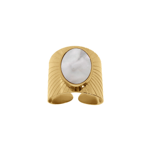 BAGUE ACIER DORÉ PLATEAU OVAL NACRE BLANCHE IMITATION  OUVERTE RÉGLABLE