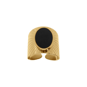 BAGUE ACIER DORÉ PLATEAU OVAL ONYX IMITATION NOIR OUVERTE RÉGLABLE