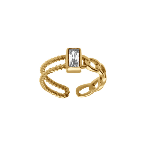 BAGUE ACIER DORÉ OXYDE BLANC RECTANGULAIRE DANS ENTOURAGE OUVERTE REGLABLE