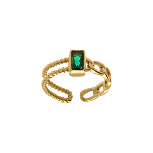 BAGUE ACIER DORÉ OXYDE VERT RECTANGULAIRE DANS ENTOURAGE OUVERTE REGLABLE