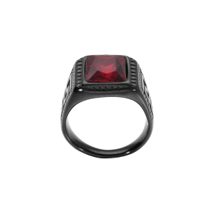 BAGUE ACIER PVD NOIR PLATEAU RECTANGULAIRE OXYDE ROUGE SYNTHETIQUE