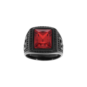 BAGUE ACIER PVD NOIR PLATEAU RECTANGULAIRE OXYDE ROUGE SYNTHETIQUE