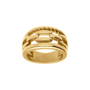 BAGUE ACIER DORÉ JAUNE 3 RANGS MAILLES ET CORDE