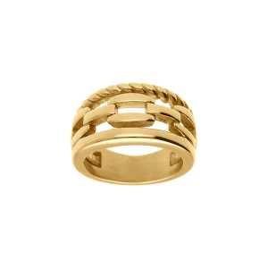 BAGUE ACIER DORÉ JAUNE 3 RANGS MAILLES ET CORDE