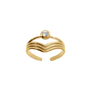 BAGUE ACIER DORÉ JAUNE FORME V AVEC 1 OXYDE BLANC SERTI CLOS
