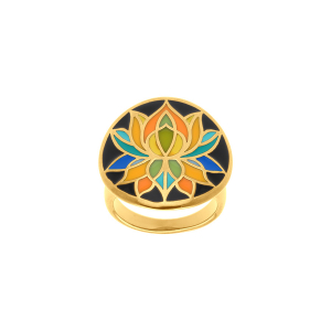 BAGUE ACIER DORÉ STELLA MIA RÉSINE FOND NOIR FLEUR DE LOTUS