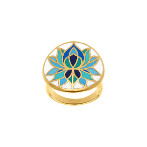 BAGUE ACIER DORÉ STELLA MIA RÉSINE FOND BLANC FLEUR DE LOTUS BLEU