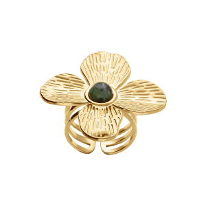BAGUE ACIER DORÉ JAUNE RÉGLABLE FLEUR TURQUOISE AFRICAINE RECONSTITUÉE