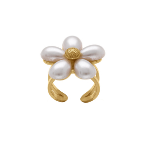 BAGUE ACIER DORÉ OUVERTE FLEUR PÉTABLE BLANC