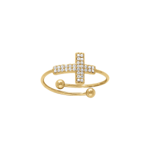 BAGUE ACIER DORÉ RÉGLABLE CROIX OXYDES BLANCS SERTIS