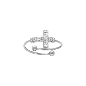 BAGUE ACIER RÉGLABLE CROIX OXYDES BLANCS SERTIS