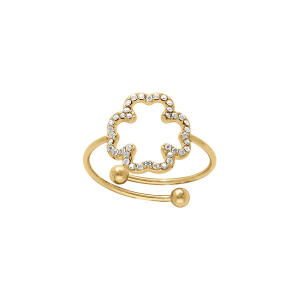 BAGUE ACIER DORÉ RÉGLABLE FLEUR ÉVIDÉ OXYDES BLANCS SERTIS