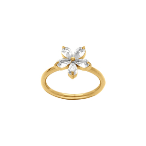 BAGUE ACIER DORÉ FLEUR 10MM OXYDES BLANCS SERTIS