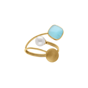 BAGUE ACIER DORÉ PASTILLE LISSE 1 CARRÉ OEIL DE CHAT IMITATION BLEU ET PERLE BLANCHE IMITATION RÉGLABLE