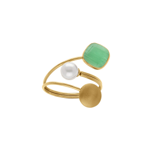 BAGUE ACIER DORÉ PASTILLE LISSE 1 CARRÉ OEIL DE CHAT IMITATION VERT ET PERLE BLANCHE IMITATION
