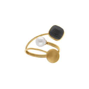 BAGUE ACIER DORÉ PASTILLE LISSE 1 CARRÉ OEIL DE CHAT IMITATION NOIR ET PERLE BLANCHE IMITATION RÉGLABLE