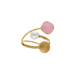 BAGUE ACIER DORÉ PASTILLE LISSE OEIL DE CHAT IMITATION ROSE ET PERLE BLANCHE IMITATION RÉGLABLE