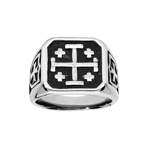 BAGUE ACIER CARRÉ CROIX DE JERUSALEM RÉSINE NOIRE