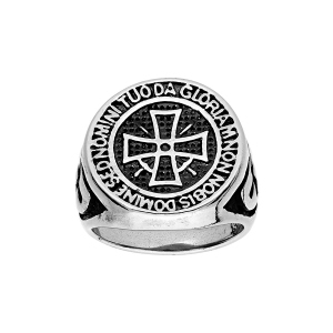 BAGUE ACIER RONDE CROIX DES TEMPLIERS RÉSINE NOIRE