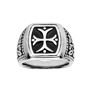BAGUE ACIER CARRÉ CROIX DES TEMPLIERS RÉSINE NOIRE
