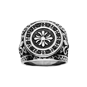 BAGUE ACIER RONDE FLEUR DE LYS PIERRES NOIRES SYNTHETIQUE