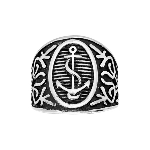 BAGUE ACIER OVALE LARGE MOTIF ANCRE MARINE