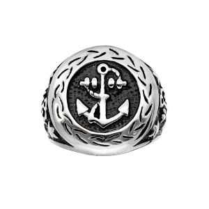 BAGUE ACIER RONDE MOTIF ANCRE MARINE