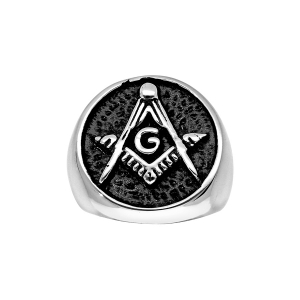 BAGUE ACIER RONDE MOTIF FRANC MAÇON RÉSINE NOIRE