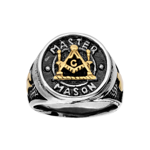 BAGUE ACIER RONDE MOTIF FRANC MAÇON PVD DORÉ ET RÉSINE NOIRE
