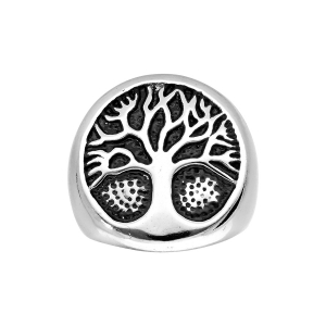 BAGUE ACIER ARBRE DE VIE RÉSINE NOIRE