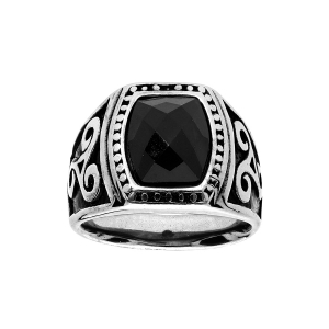 BAGUE ACIER PIERRE FACETE NOIRE MOTIF TRISKEL SUR COTÉ