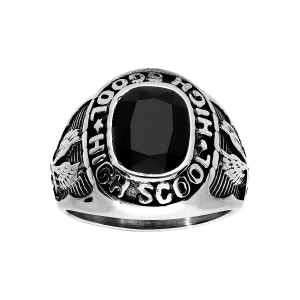 BAGUE ACIER UNIVERSITAIRE AVEC AIGLE PIERRE OVALE NOIRE SYNTHETIQUE