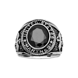 BAGUE ACIER US MARINES AVEC AIGLE PIERRE OVALE NOIRE SYNTHETIQUE