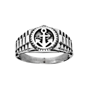 BAGUE ACIER RONDE ANCRE MARINE