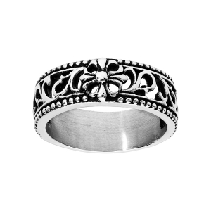 BAGUE ACIER ANNEAU AJOURÉ MOTIF ANTIQUE PATINÉ