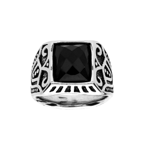 BAGUE ACIER PLATEAU RECTANGULAIRE PIERRE NOIRE FACETÉE SYNTHETIQUE