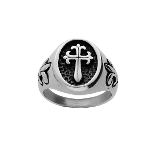 BAGUE ACIER ET RÉSINE NOIRE OVALE AVEC EPEE ET FLEUR DE LYS