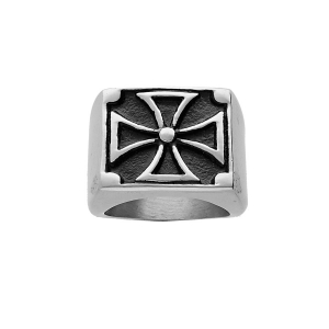 BAGUE ACIER ET RÉSINE NOIRE CARRÉ VIKING AVEC CROIX