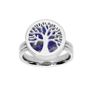 BAGUE ACIER RONDE LAPIS LAZULI VÉRITABLE AVEC ARBRE DE VIE
