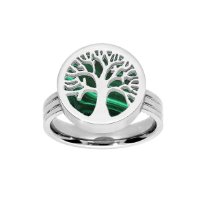 BAGUE ACIER RONDE MALACHITE VÉRITABLE  AVEC ARBRE DE VIE