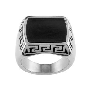 CHEVALIERE ACIER MOTIF GREC +  RÉSINE NOIRE