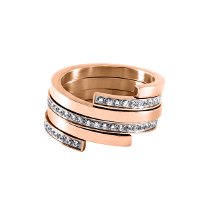 BAGUE ACIER ET PVD ROSE MULTI RANGS OXYDES BLANCS SERTIS