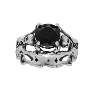 BAGUE ACIER TETE DE MORT ET SQUELETTE OXYDE NOIR