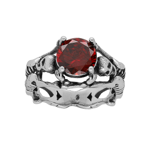 BAGUE ACIER TETE DE MORT ET SQUELETTE OXYDE ROUGE
