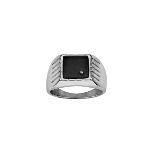 CHEVALIERE ACIER PLATEAU CARRÉ 13 X 13MM PVD NOIR 1 STRASS