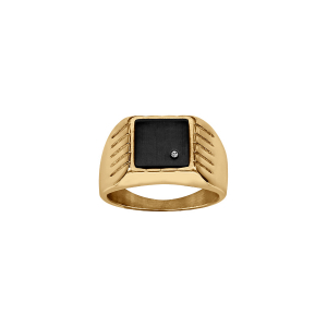 CHEVALIERE ACIER DORÉ PLATEAU CARRÉ 13 X 13MM PVD NOIR 1 STRASS