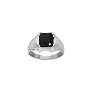 CHEVALIERE ACIER PLATEAU TONNEAU 11 X 9,5MM PVD NOIR 1 STRASS