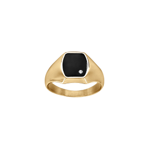 CHEVALIERE ACIER DORÉ PLATEAU TONNEAU 11 X 9,5MM PVD NOIR 1 STRASS