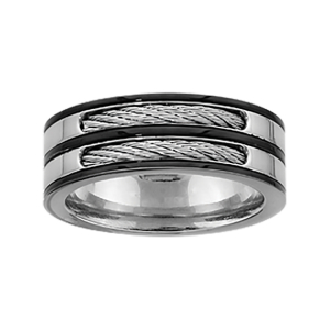 BAGUE ACIER PVD NOIR 2 RANGS CABLE GRIS